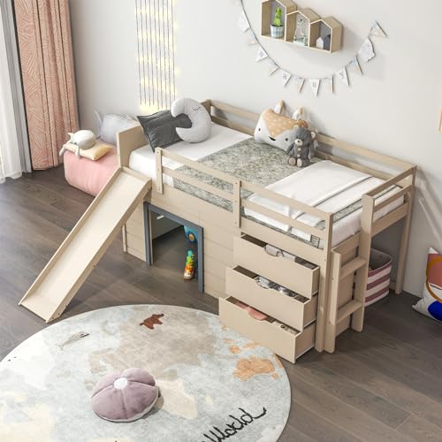 Twin Low Loft Bed with 3 Storage Drawers, Slide, Ladder & Guardrails B4129