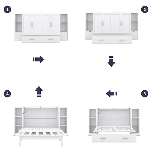 Murphy Bed Chest with Shelves, Foldable Wood Platform Bed Frame I45495