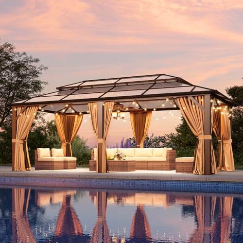12x16 Hardtop Gazebo with Netting and Curtains, Aluminum Frame, Polycarbonate Roof N71921