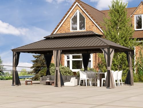 10 x 10 ft Hardtop Gazebo with Netting and Curtains, Galvanized Steel Roof for Patio and Garden X50618