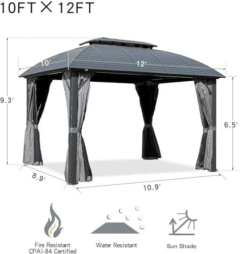 10 x 10 ft Hardtop Gazebo with Netting and Curtains, Galvanized Steel Roof for Patio and Garden X50618