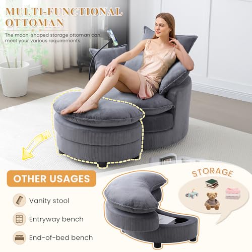Swivel Accent Sofa Chair with Phone Holder & Storage Ottoman, Corduroy, Beige R7636