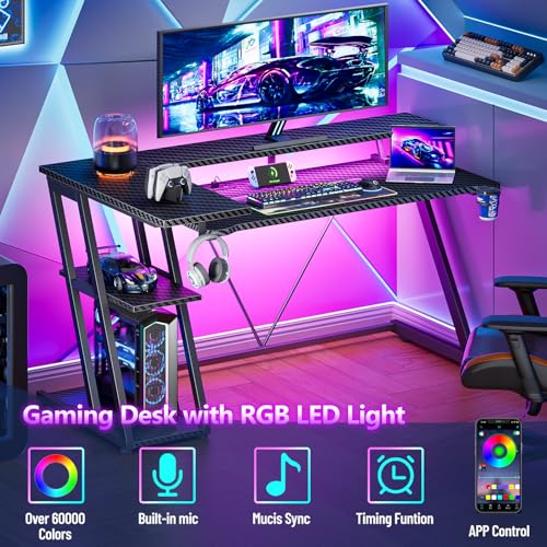 L Shaped Gaming Desk with Power Outlet and LED Lights T64283