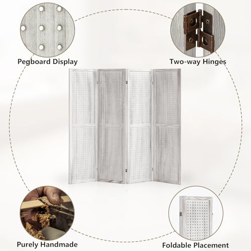 Wooden Pegboard Room Divider, 5.6Ft Folding Privacy Screen P5676