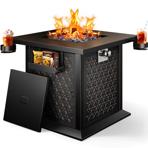 Ciays 28″ Fire Pit Table, Propane Fire Pit with Cup Holders & Hanging Shelf, 50,000 BTU Gas Fire Pit with Glass Stones & Nylon Dust Cover, Quick Ignition System, Patio/Porch/Deck Fire Pit, CIFPT10B
