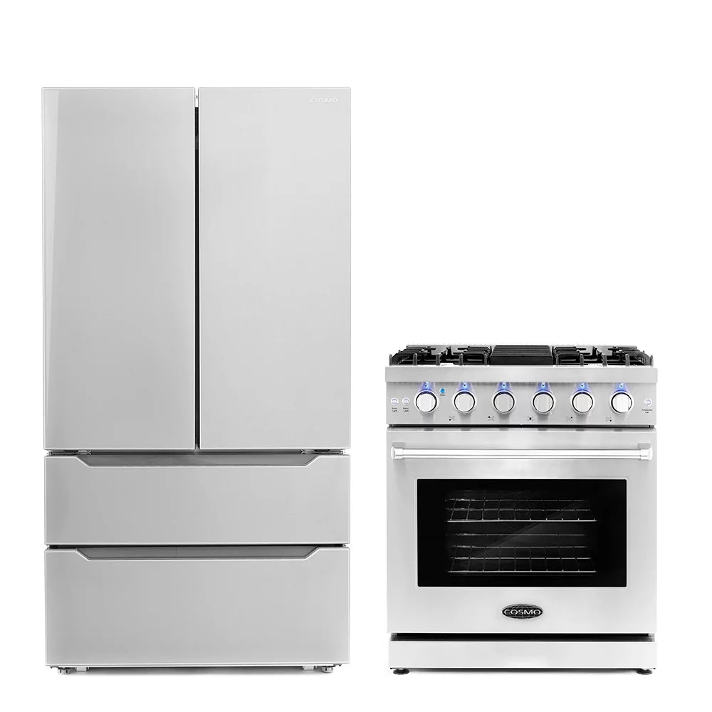 Cosmo 2 Piece Kitchen Appliance Package with 30" Free Standing Gas Range Kitchen Stove & French Door Refrigerator Kitchen Appliance Bundles
