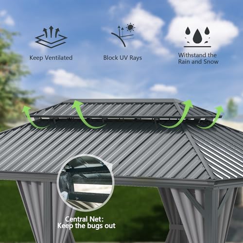 10 x 10 ft Hardtop Gazebo with Netting and Curtains, Galvanized Steel Roof for Patio and Garden X50618