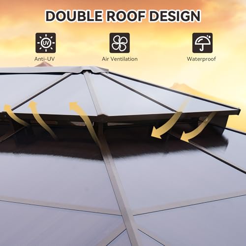 12x16 Hardtop Gazebo with Netting and Curtains, Aluminum Frame, Polycarbonate Roof N71921