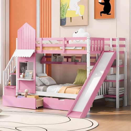 Kids Bunk Bed with Stairs and Slide, Twin Over Twin, Gray E77813