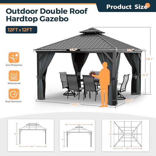 10 x 12 ft Hardtop Gazebo with Netting and Curtains, Double Roof Metal Canopy for Patio I7305