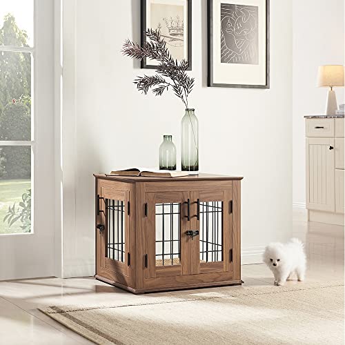 Wooden Dog Crate End Table with Double Doors and Pet Bed T245171
