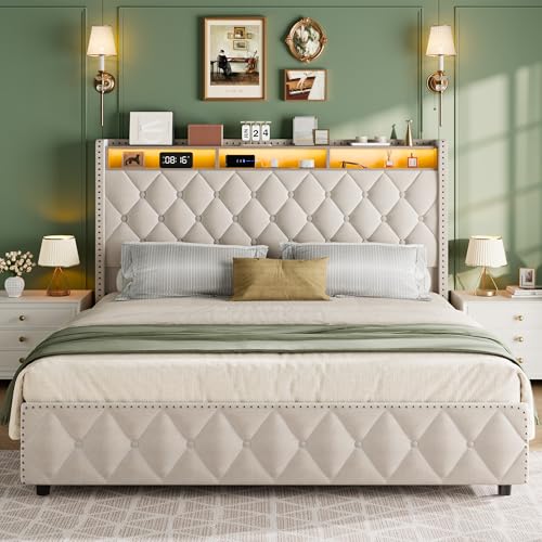 Queen Bed Frame with Tall Headboard, Velvet Upholstered, 4 Storage Drawers U913671