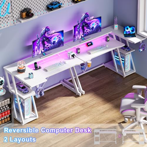 L Shaped Gaming Desk with Power Outlet and LED Lights T64283