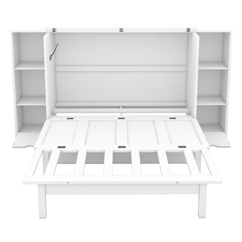 Murphy Bed Chest with Shelves, Foldable Wood Platform Bed Frame I45495