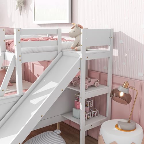 Twin Over Full Bunk Bed with Slide and Storage Stairs C57577