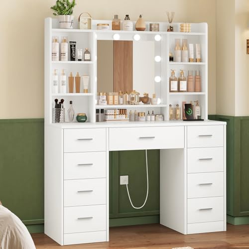 Vanity Desk with Mirror and Lights, 9 Drawers, 6 Open Shelves, Adjustable Brightness, White W8407