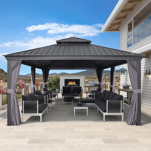 10' x 14' Permanent Hardtop Gazebo with Galvanized Steel Double Roof, Curtains and Netting Included M96664