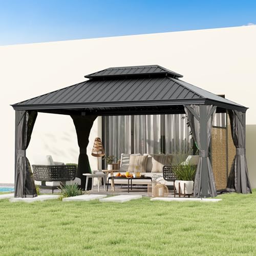 10 x 10 ft Hardtop Gazebo with Netting and Curtains, Galvanized Steel Roof for Patio and Garden X50618