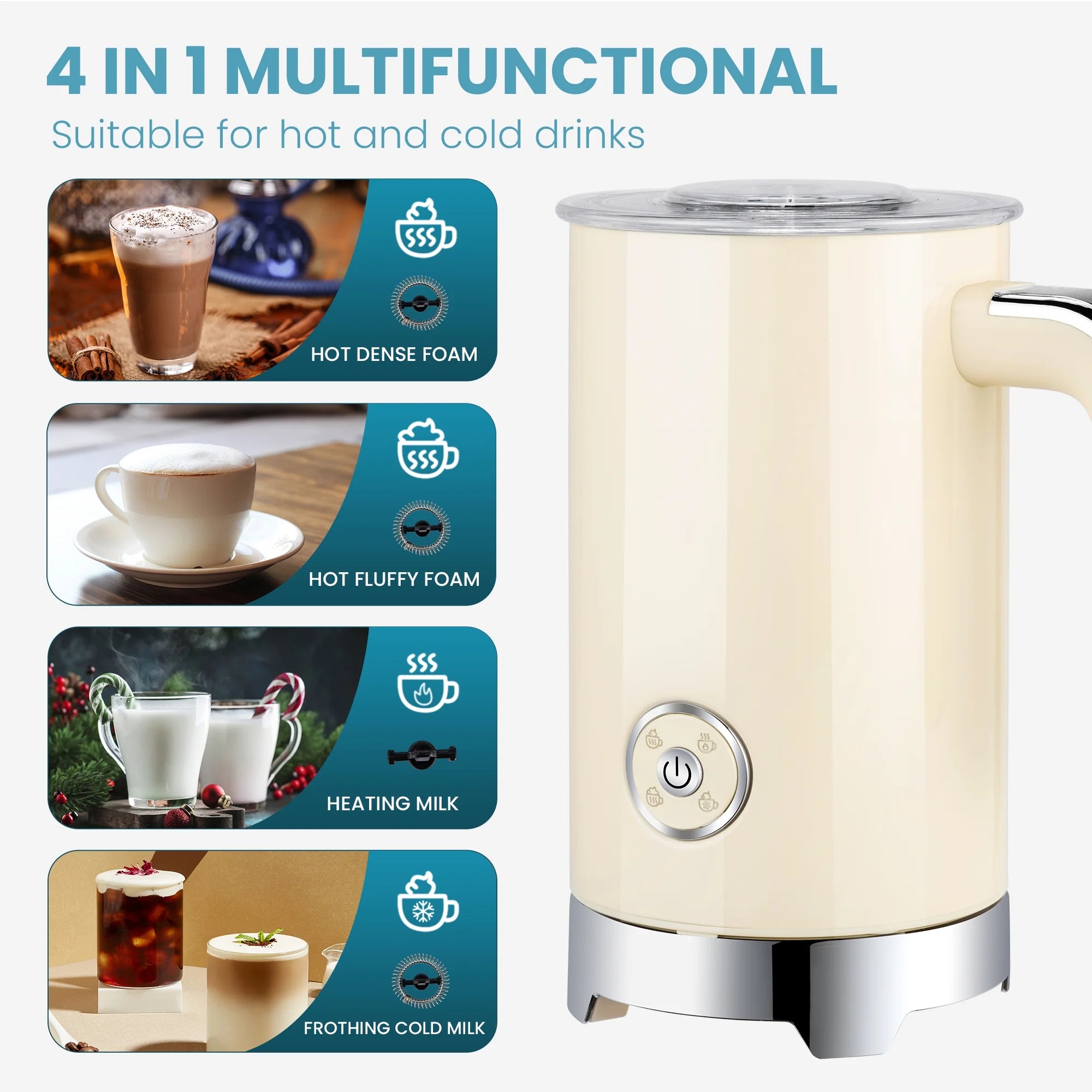 Electric Milk Frother and Steamer with 4 Settings for Coffee, Latte, Cappuccino T2905