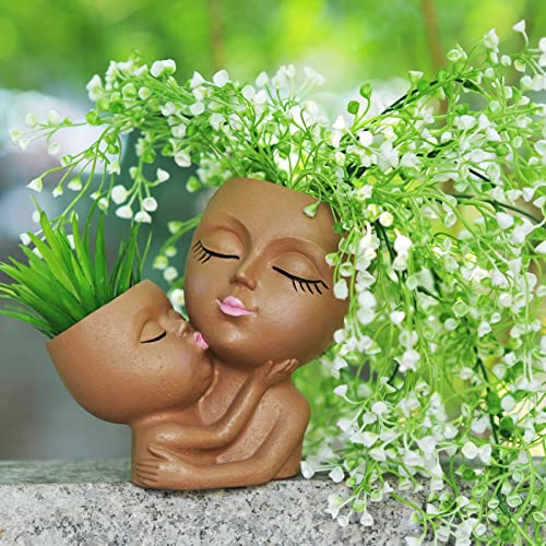 Head Planter Mother and Child Resin Flower Pot with Drainage Hole F9184