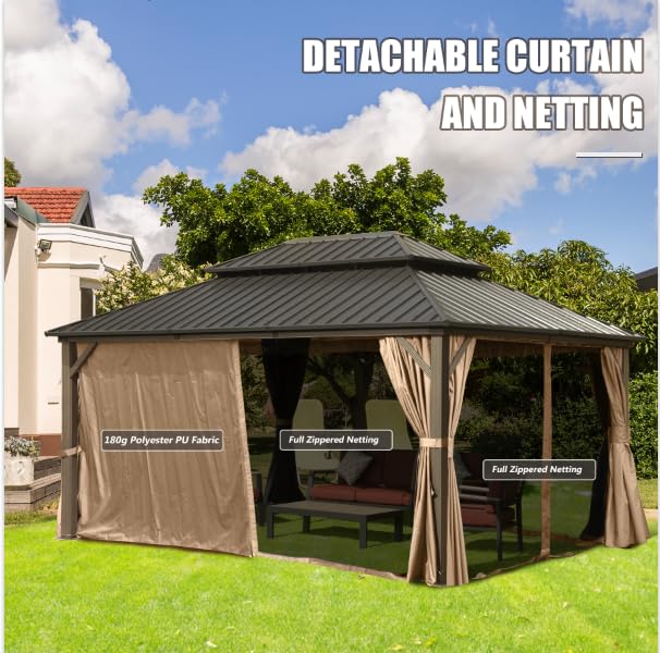 10 x 10 ft Hardtop Gazebo with Netting and Curtains, Galvanized Steel Roof for Patio and Garden X50618