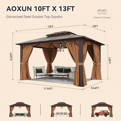 12x16 Hardtop Gazebo with Netting and Curtains, Aluminum Frame, Polycarbonate Roof N71921