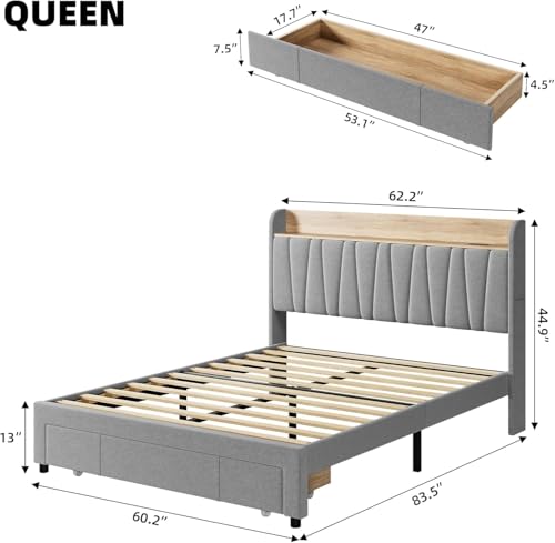 Queen Size Bed Frame with Storage Headboard and Drawers H139426