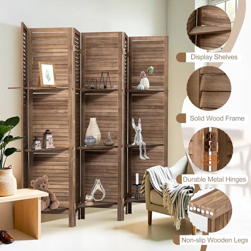 6 Panel Wooden Room Divider with Shelves B102027