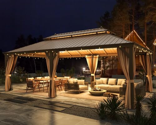 12x16 ft Hardtop Gazebo with Galvanized Steel Roof, Curtains and Netting V821