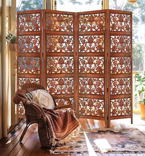 4 Panel Folding Wood Room Divider, Antique Brown, 72 x 80 L396608
