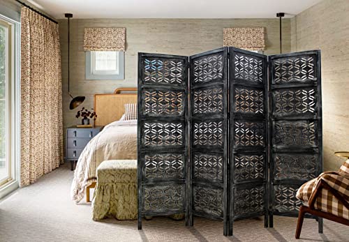 4 Panel Folding Wood Room Divider, Antique Brown, 72 x 80 L396608