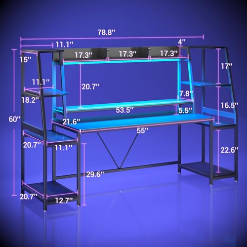 Gaming Desk with LED Lights, Hutch and Storage Shelves, Black R364