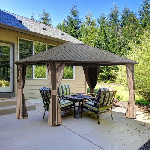 10 x 10 ft Hardtop Gazebo with Netting and Curtains, Galvanized Steel Roof for Patio and Garden X50618