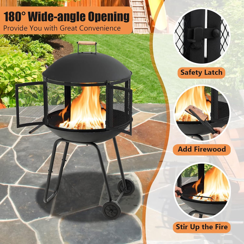 Portable Fire Pit with Wheels, 28 Inch Wood Burning, Black N2023