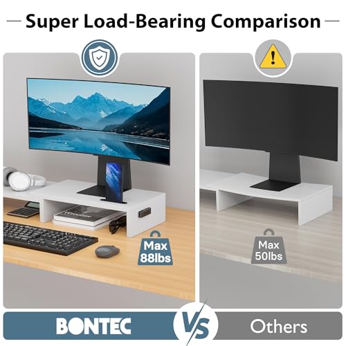 Dual Monitor Stand Riser with Smartphone Holder, Adjustable Wooden Desktop Organizer P70793