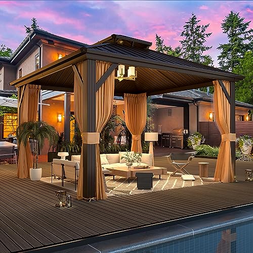 10'x13' Hardtop Gazebo with Polycarbonate Double Roof, Aluminum Frame, Curtains and Netting N263
