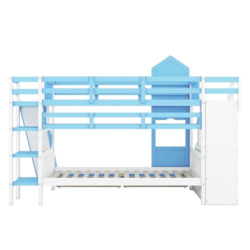 Kids Bunk Bed with Stairs and Slide, Twin Over Twin, Gray E77813