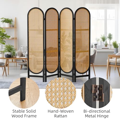Foldable Wooden Room Divider with Hand-Woven Rattan Panels X6131