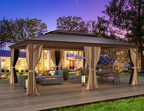 12x16 ft Hardtop Gazebo with Galvanized Steel Roof, Curtains and Netting V821