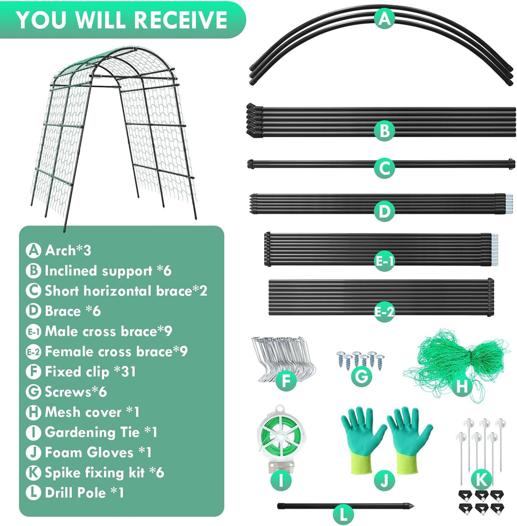 Garden Arch Trellis for Climbing Plants Outdoor, 7 Ft Tall Metal Archway with Nylon Net Z6359