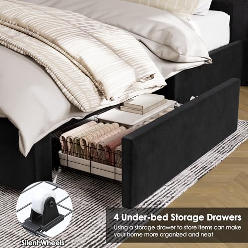 Velvet Upholstered King Bed Frame with Tall Headboard and Storage Drawers L58367