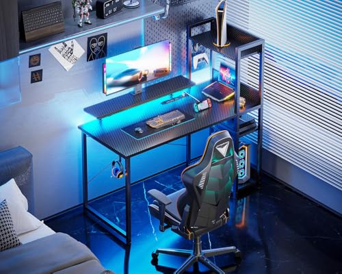 Reversible Gaming Desk with USB Charging Port and LED Lights, 40 Inch Computer Desk with Storage Shelves C134