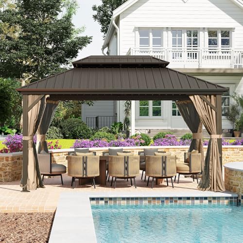 10 x 10 ft Hardtop Gazebo with Netting and Curtains, Galvanized Steel Roof for Patio and Garden X50618