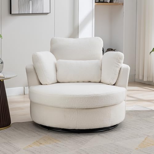 Oversized Swivel Barrel Chair with Ottoman, Chenille, Beige X252712