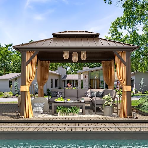 10'x13' Hardtop Gazebo with Polycarbonate Double Roof, Aluminum Frame, Curtains and Netting N263