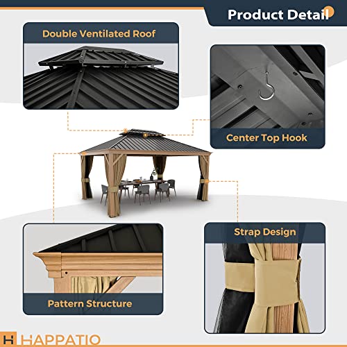 10 x 12 ft Hardtop Gazebo with Netting and Curtains, Double Roof Metal Canopy for Patio I7305