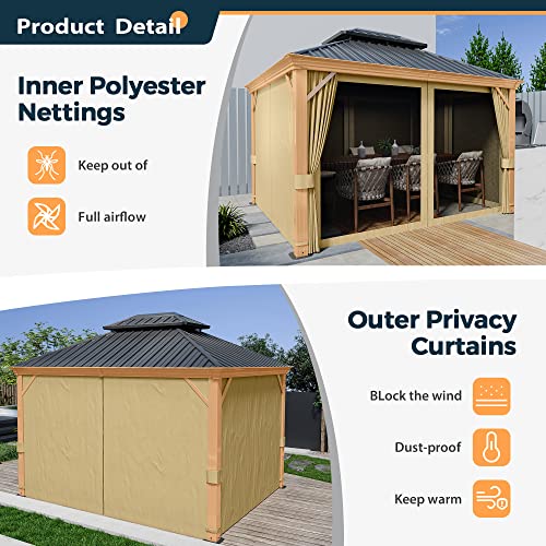 10 x 12 ft Hardtop Gazebo with Netting and Curtains, Double Roof Metal Canopy for Patio I7305