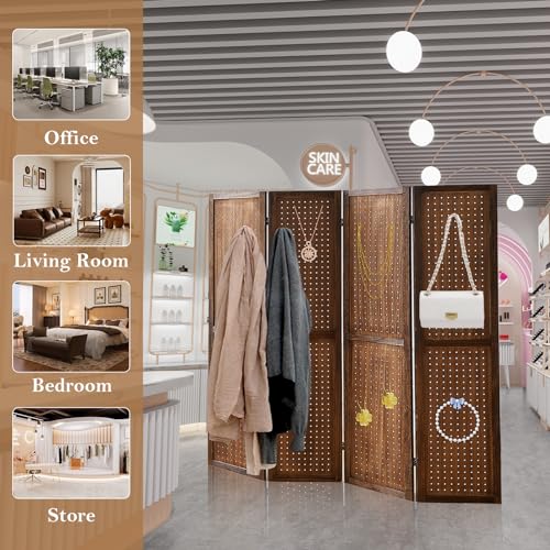 Wooden Pegboard Room Divider, 5.6Ft Folding Privacy Screen P5676