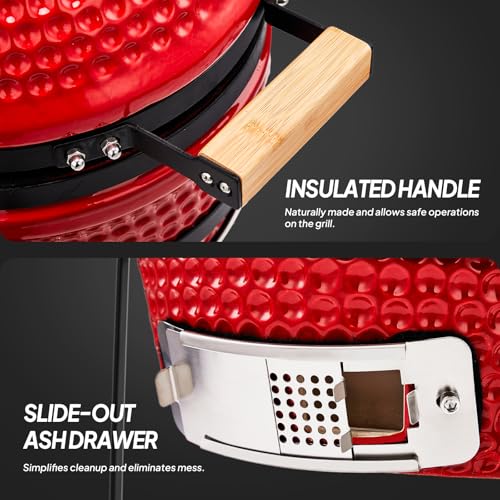 Red Spherical Ceramic Charcoal Grill, Portable BBQ Smoker for Outdoor Cooking U407