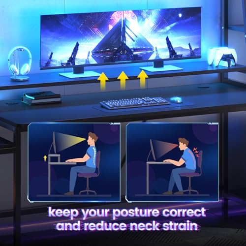 Gaming Desk with LED Lights, Hutch and Storage Shelves, Black R364